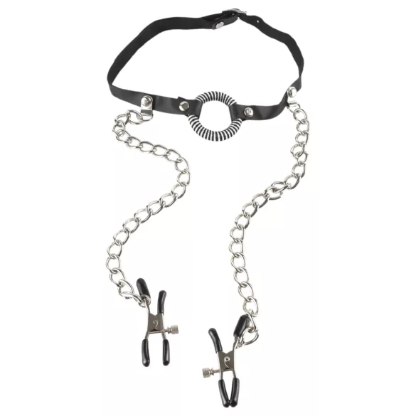 Fetish O-Ring - Mouth Gag with Nipple Clamps