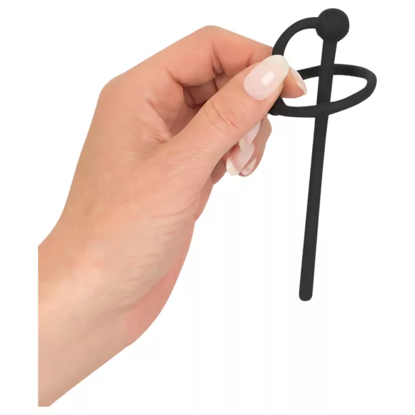 Hollow Silicone Urethral Plug with Glans Ring (Black)