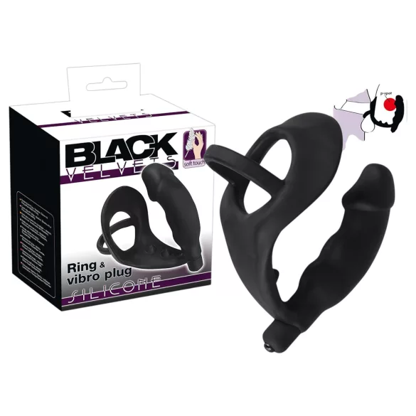 Black Velvet - Vibrating Anal Toy with Penis & Scrotum Rings (Black)
