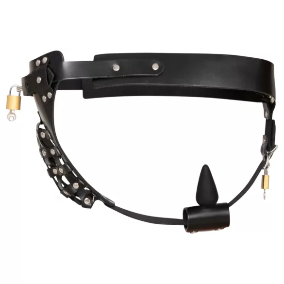 ZADO - leather chastity thong with 2 padlocks - black (S-2XL)