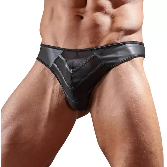 Shiny Men's Thong with Sheer Insert (Black) - XL