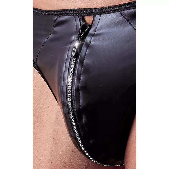 Svenjoyment - Shiny Men's Thong with Rhinestone Zipper (Black) - M