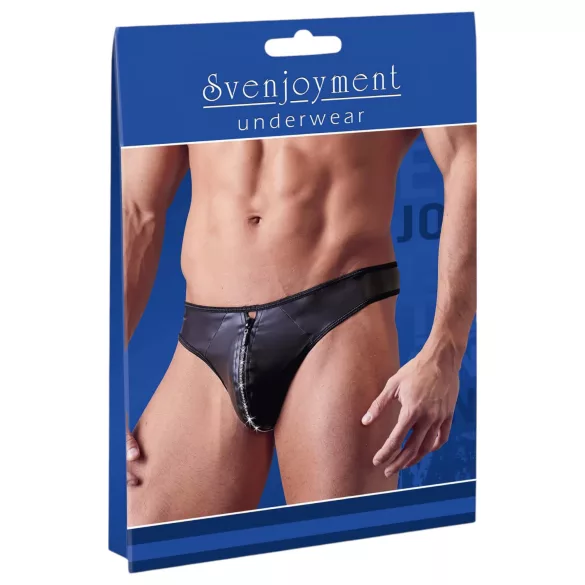 Svenjoyment - Shiny Men's Thong with Rhinestone Zipper (Black) - 2XL