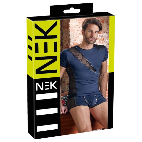 NEK - Men's Black Lace-Up Top with Fishnet Details (Blue) - M