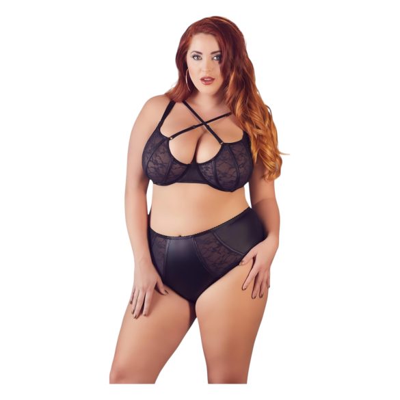 Cottelli Plus Size - Cross Strap Bra & Panty Set (Black)