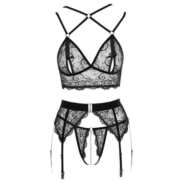 Abierta Fina - Lace Lingerie Trio (Black) - M