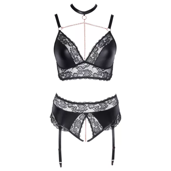 Cottelli Curves - Shiny Lingerie Set (Black) - 2XL