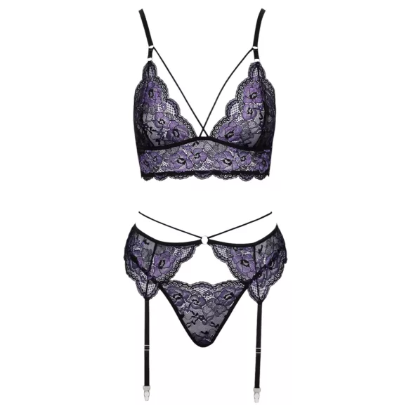 Cottelli - 3-Piece Lace Lingerie Set (Black-Violet) - L