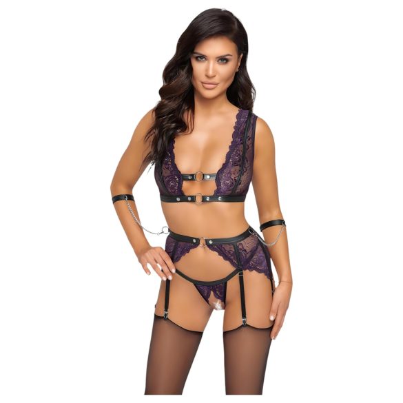 Cottelli Bondage - Lingerie Set with Handcuffs (Black-Purple)