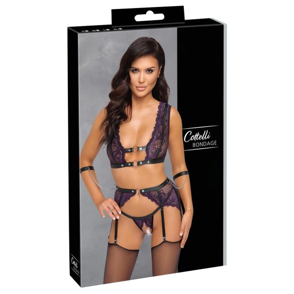 Cottelli Bondage - Lingerie Set with Handcuffs (Black-Purple)