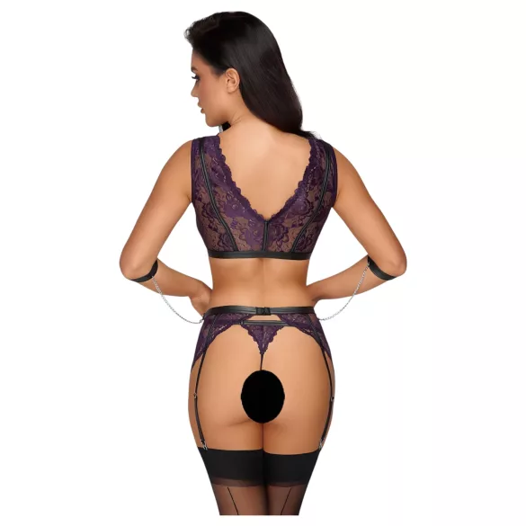 Cottelli Bondage - Lingerie Set with Handcuffs (Black-Purple) - M