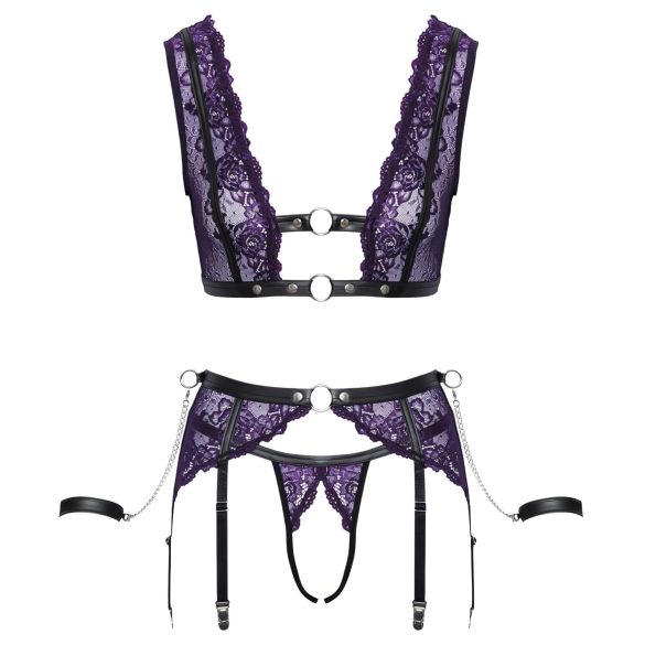 Cottelli Bondage - Lingerie Set with Handcuffs (Black-Purple) - M