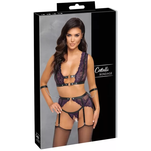 Cottelli Bondage - Lingerie Set with Handcuffs (Black-Purple) - L
