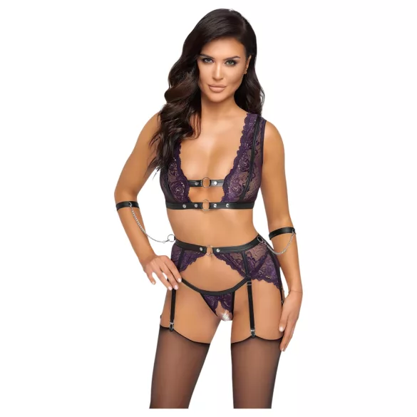 Cottelli Bondage - Lingerie Set with Handcuffs (Black-Purple) - XL