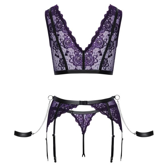 Cottelli Bondage - Lingerie Set with Handcuffs (Black-Purple) - XL