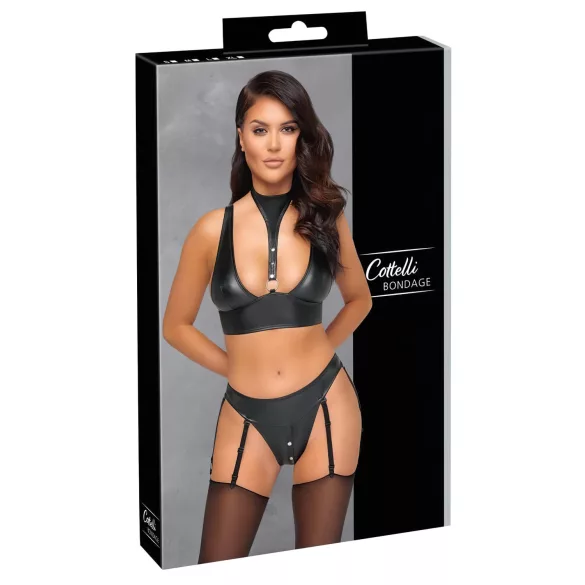 Cottelli Bondage - Shiny Black Bra Set with Cuffs