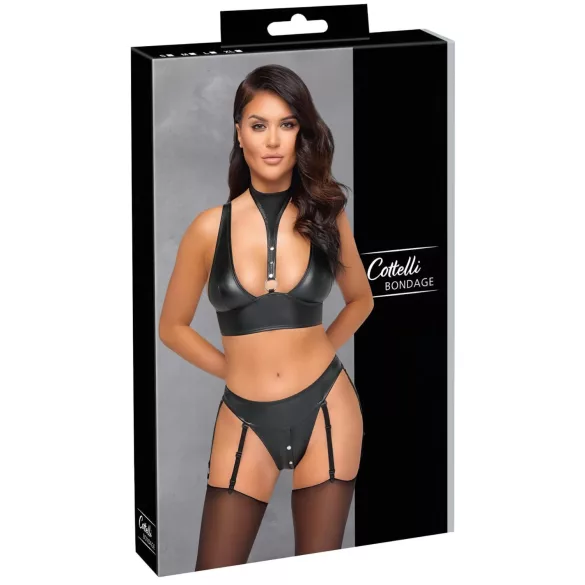 Cottelli Bondage - Shiny Black Bra Set with Cuffs - M