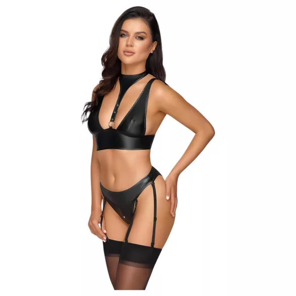 Cottelli Bondage - Shiny Black Bra Set with Cuffs - M