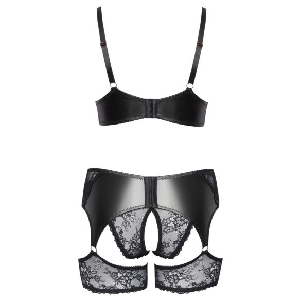 Cottelli Curves - Lace & Leather Accented Bra Set (Black)