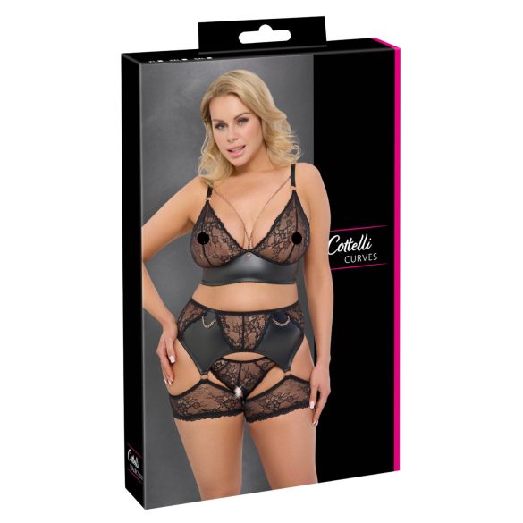 Cottelli Curves - Lace & Leather Accented Bra Set (Black) - 2XL