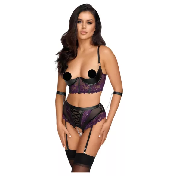 Cottelli Bondage - Bra Set & Wrist Cuffs (Black-Purple) - M