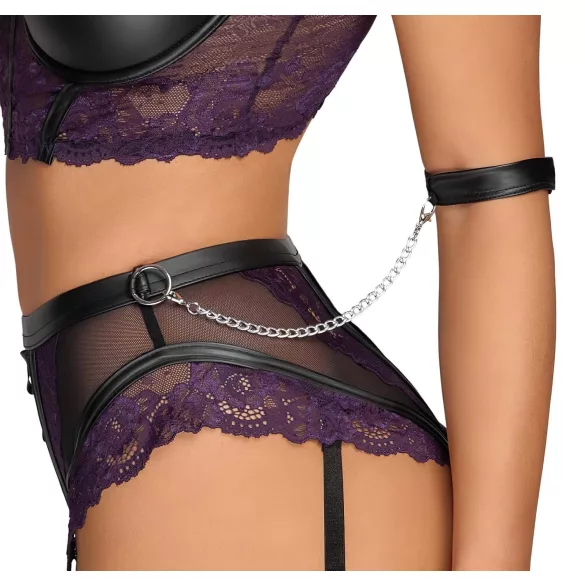 Cottelli Bondage - Bra Set & Wrist Cuffs (Black-Purple) - M