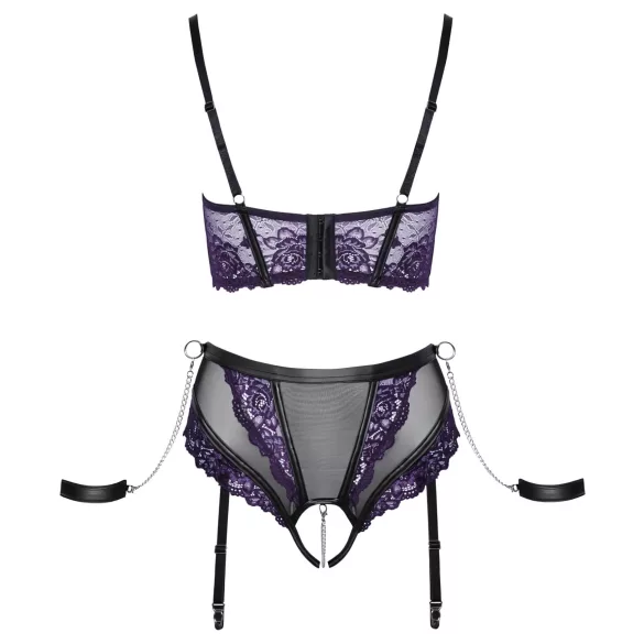 Cottelli Bondage - bra set and arm cuffs (black‑purple) - L