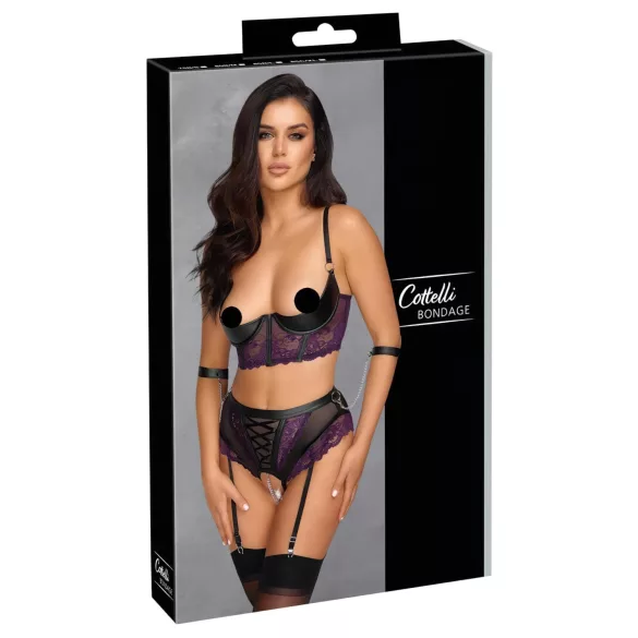 Cottelli Bondage - bra set and arm cuffs (black‑purple) - L