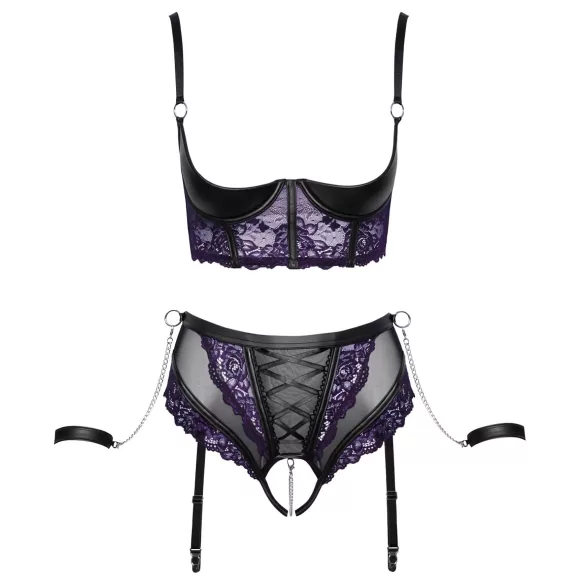 Cottelli Bondage - bra set and arm cuffs (black‑purple) - XL