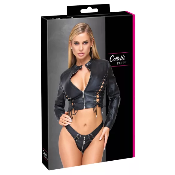 Cottelli - short faux leather jacket and thong set (black) - L