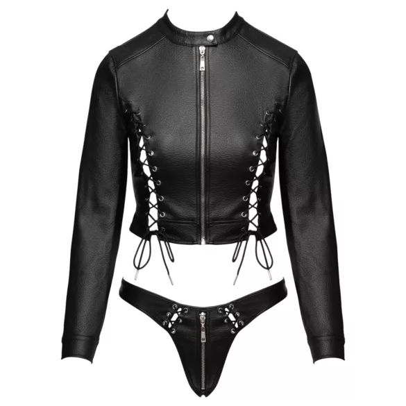 Cottelli - short faux leather jacket and thong set (black) - L