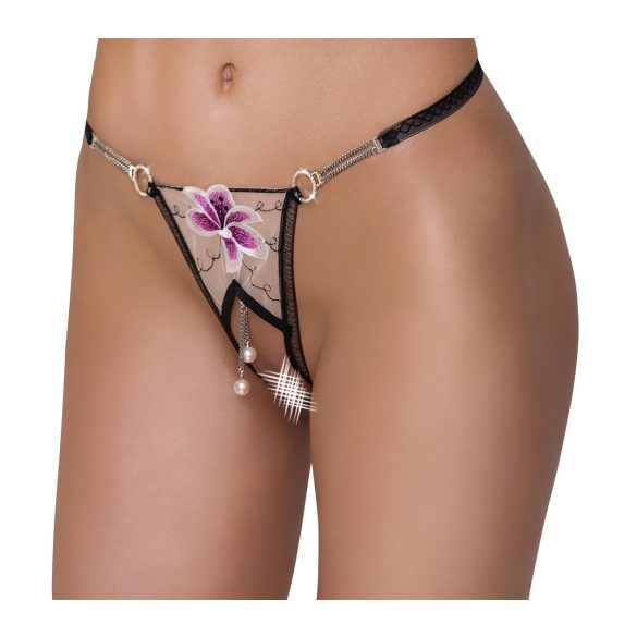 Cottelli - Luxury Embroidered Lily Thong (Black & White)