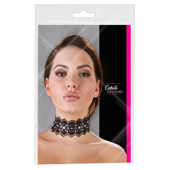Cottelli - Pearl & Rhinestone Lace Choker (Black)