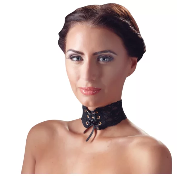 Cottelli - Wide Lace-Up Lace Choker (Black)