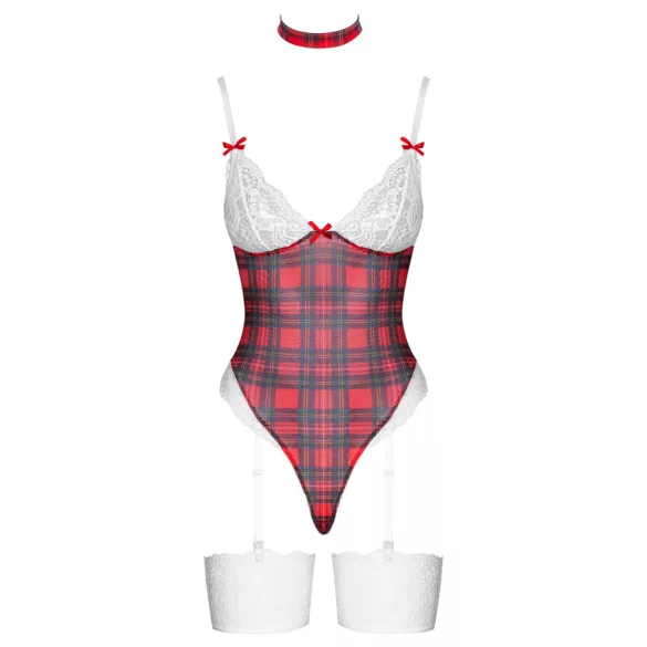 Cottelli - Red Plaid Bodysuit Set - M