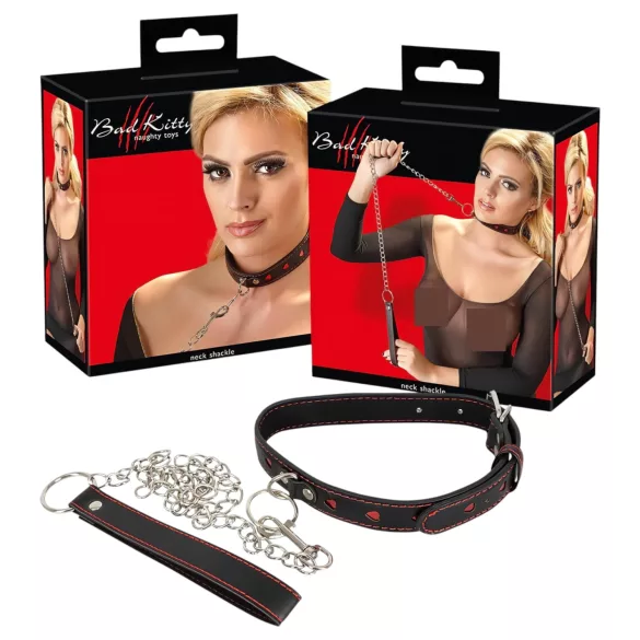 Bad Kitty - Heart Collar and Metal Leash (Black)