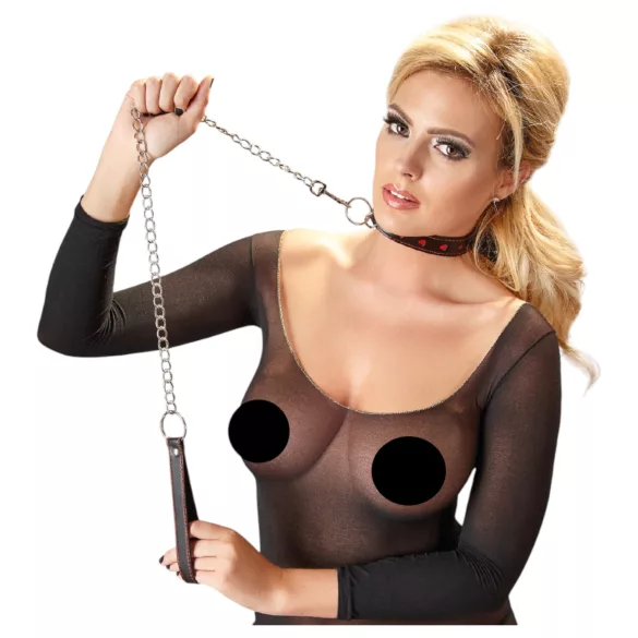 Bad Kitty - Heart Collar and Metal Leash (Black)
