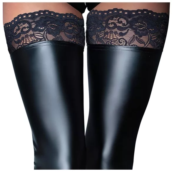 Noir - Lacy Shiny Thigh-High Stockings (Black) - M