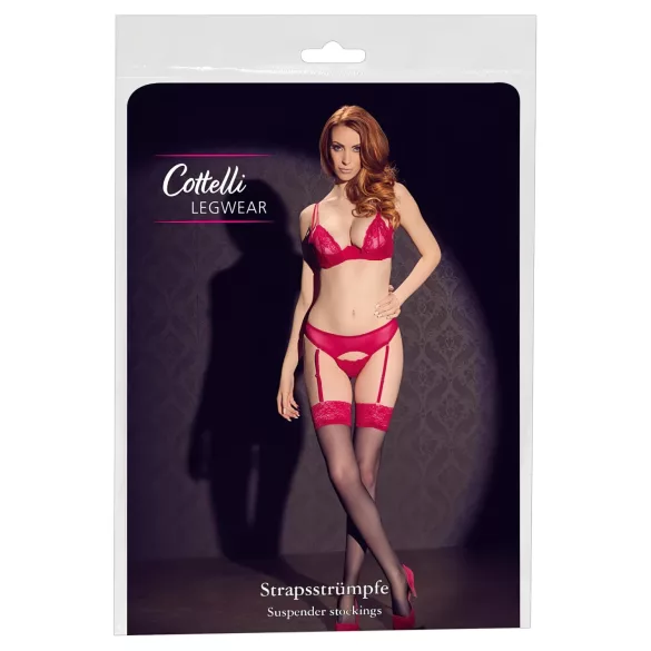 Cottelli - Black Stockings with Red Lace Trim - 7