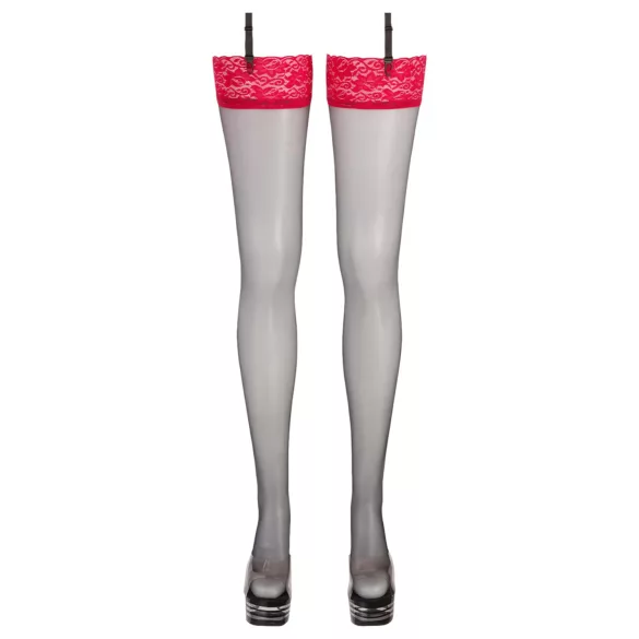 Cottelli - Black Stockings with Red Lace Trim - 7