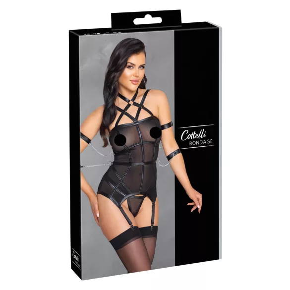 Cottelli Bondage - Strappy Top, Wrist Cuffs & Thong (Black)
