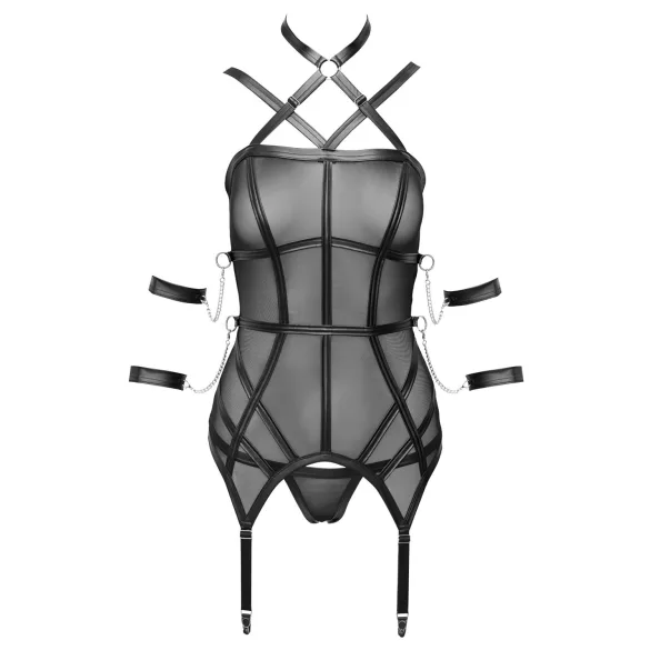 Cottelli Bondage - Strappy Top, Wrist Cuffs & Thong (Black) - M