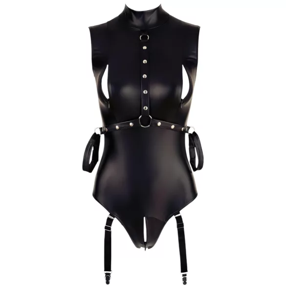 Cottelli Bondage - Shiny Sleeveless Bodysuit with Cuffs (Black) - M