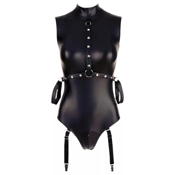 Cottelli Bondage - Shiny Sleeveless Bodysuit with Cuffs (Black) - XL