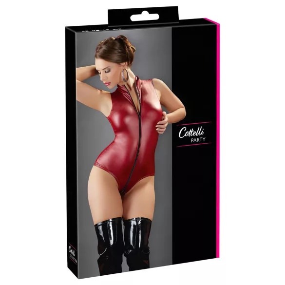 Cottelli Party - zip-up, sleeveless shiny bodysuit (red) - XL