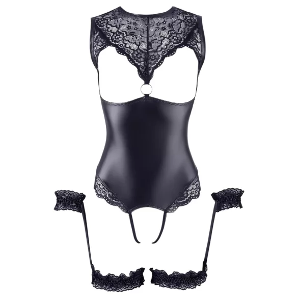 Cottelli Bondage - Shiny Open-Front Bodysuit & Cuffs (Black) - M
