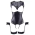 Cottelli Bondage - Shiny Open-Front Bodysuit & Cuffs (Black) - M