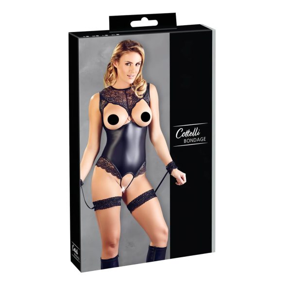 Cottelli Bondage - Shiny Open-Front Bodysuit & Cuffs (Black) - L
