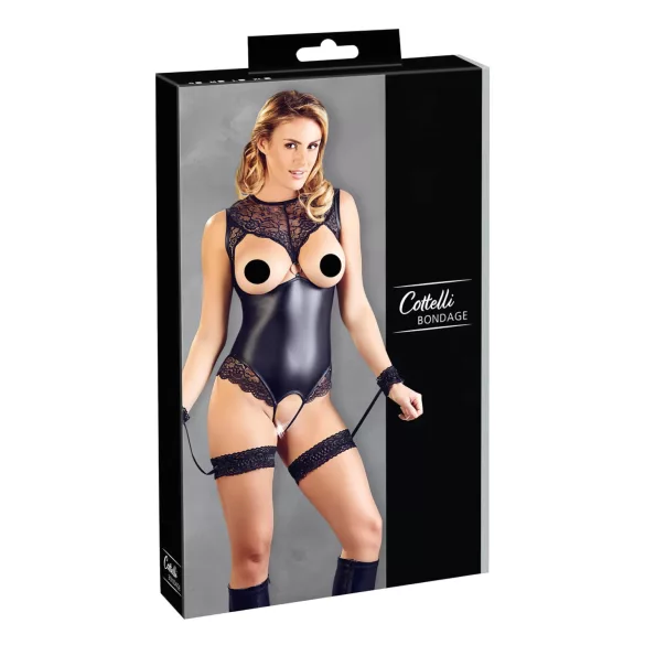 Cottelli Bondage - Shiny Open-Front Bodysuit & Cuffs (Black) - XL