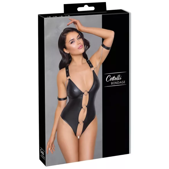 Cottelli Bondage - Shiny Black Open-Front Ringed Bodysuit